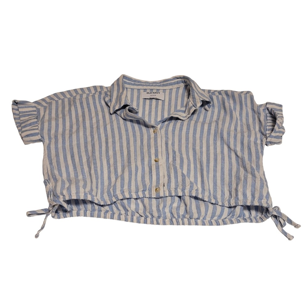 Old Navy Striped Button Down Kids XL 14-16 Blue Linen Blend Cropped Side Tie Top